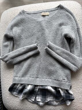 Hollister Light Gray Layered-Knit Sweater with Plaid Hem